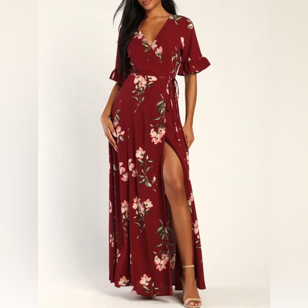 Nwt Lulus September Sunsets Burgundy Floral Print Wrap Maxi Dress Size L